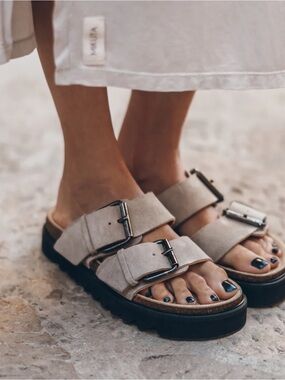Mikuta Beige Double Buckle Suede Slide Sandals 37